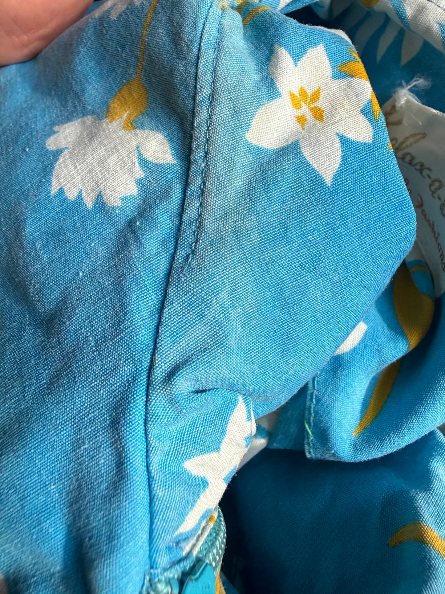 1960s Blue Floral House Dress, Rickrack Trim, Relax-A-Coat by Adele Fashions Size M/L