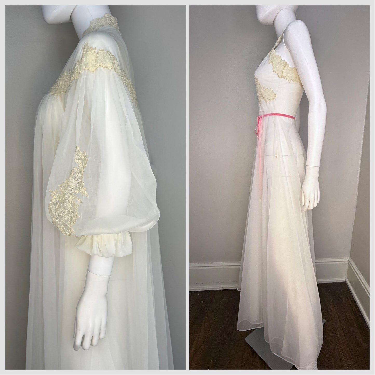 1950s Full Length Peignoir Set with Full Sweep, Sheer Off White Nylon with Cream Lace and Pink Ribbon, Yolande Size 32, XS, Night Gown and Robe, Bridal Lingerie