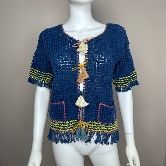 Vintage Handmade Pom Pom Cardigan with Fringe and Tassels, GENE, Size XS