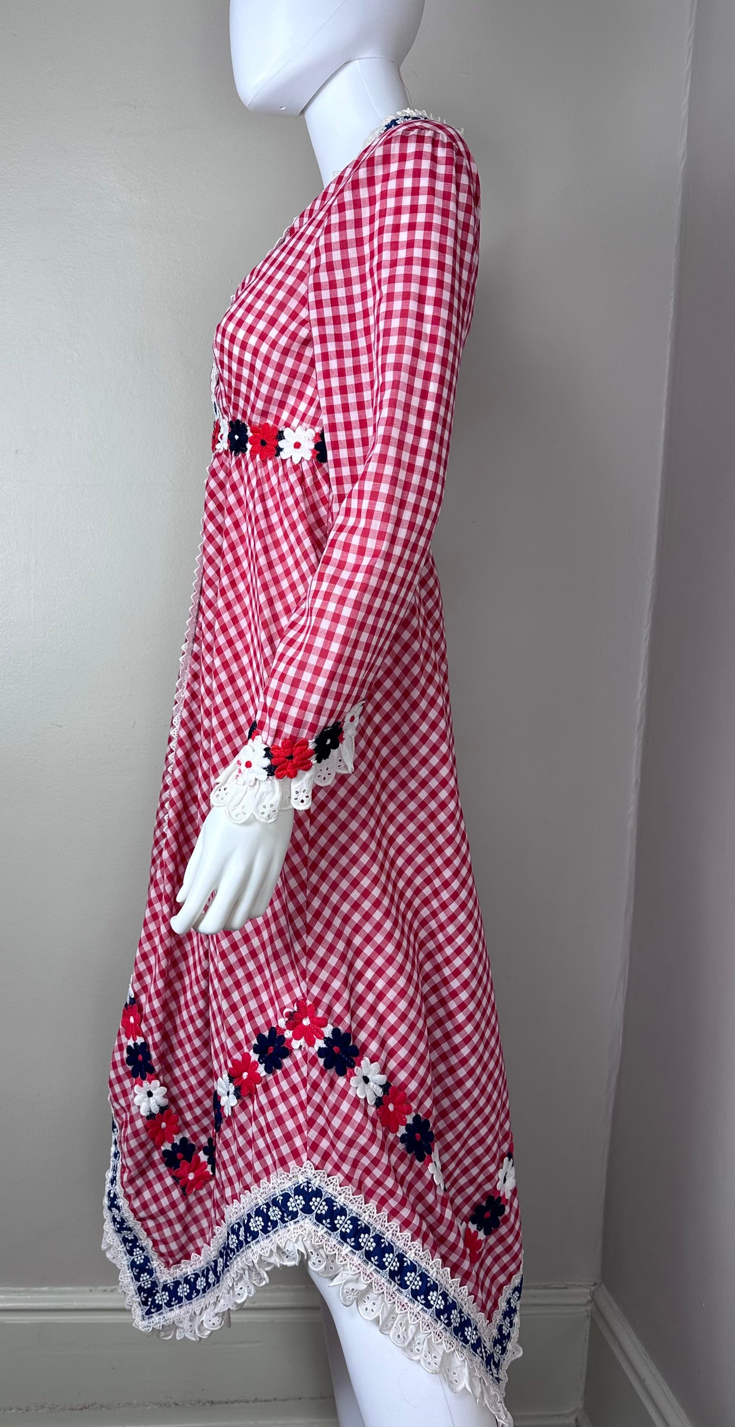 1970s Red Gingham Handkerchief Hem Dress, Eloise Curtis for Happenstance Size Small