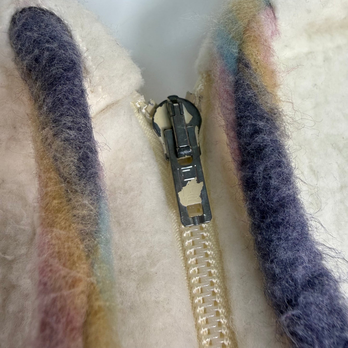 1970s Striped Fleece Hooded Jacket, Cream and Pink, Size Small