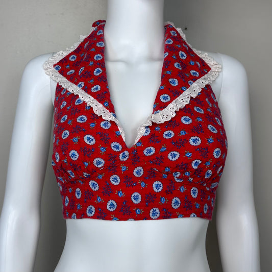 1970s Red Floral Halter Top, Size XS/Small