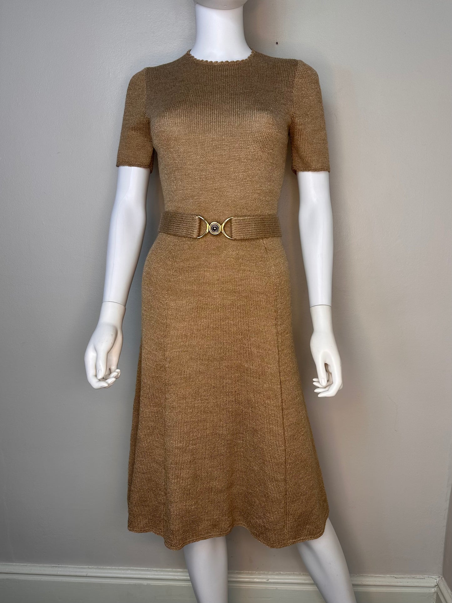 1960s/70s Tan Knit Dress and Belt, Handmade Size XS