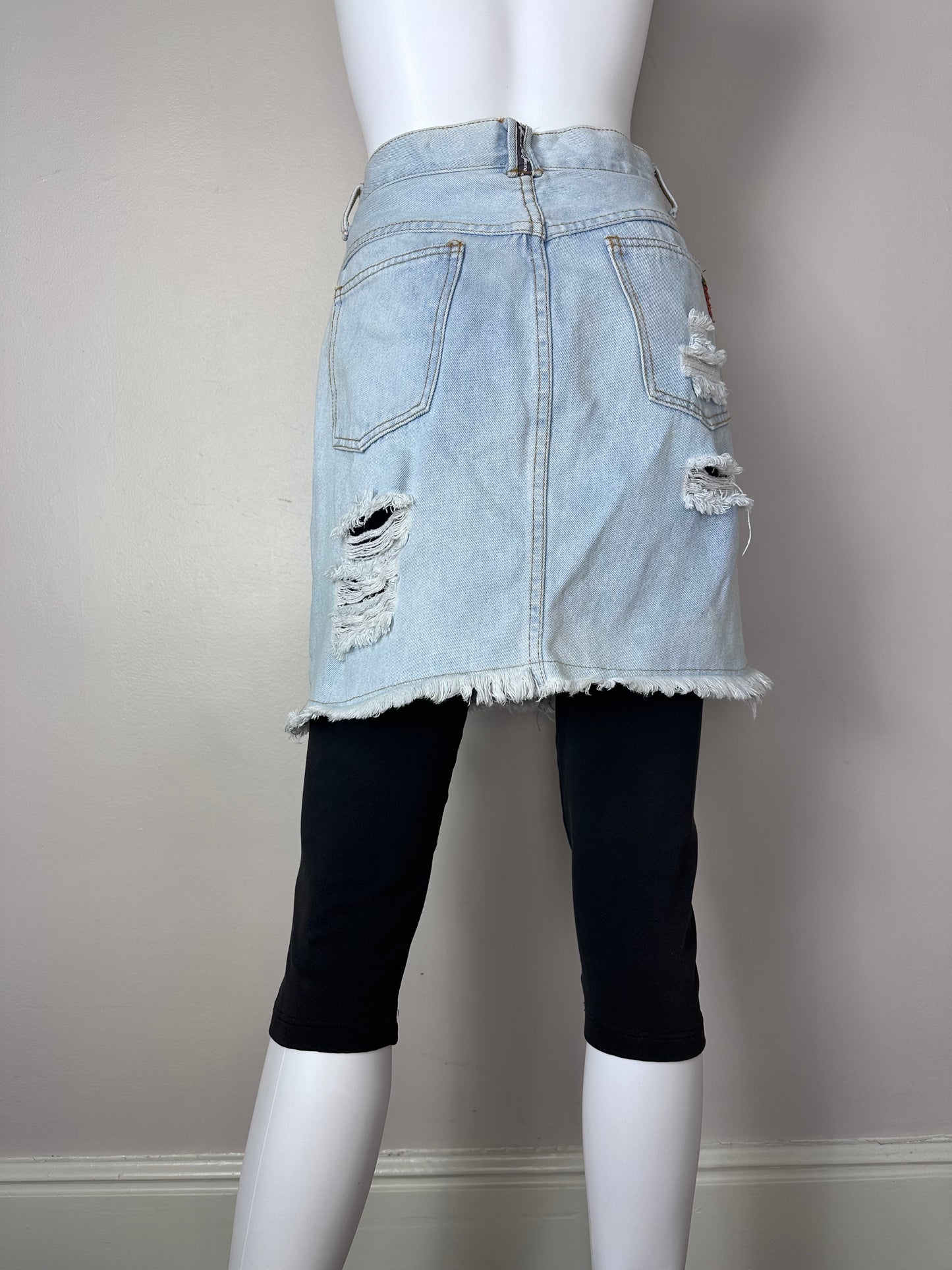 1980s/90s Denim Skirt with Attached Black Leggings, No! Jeans Size S/M, Distressed