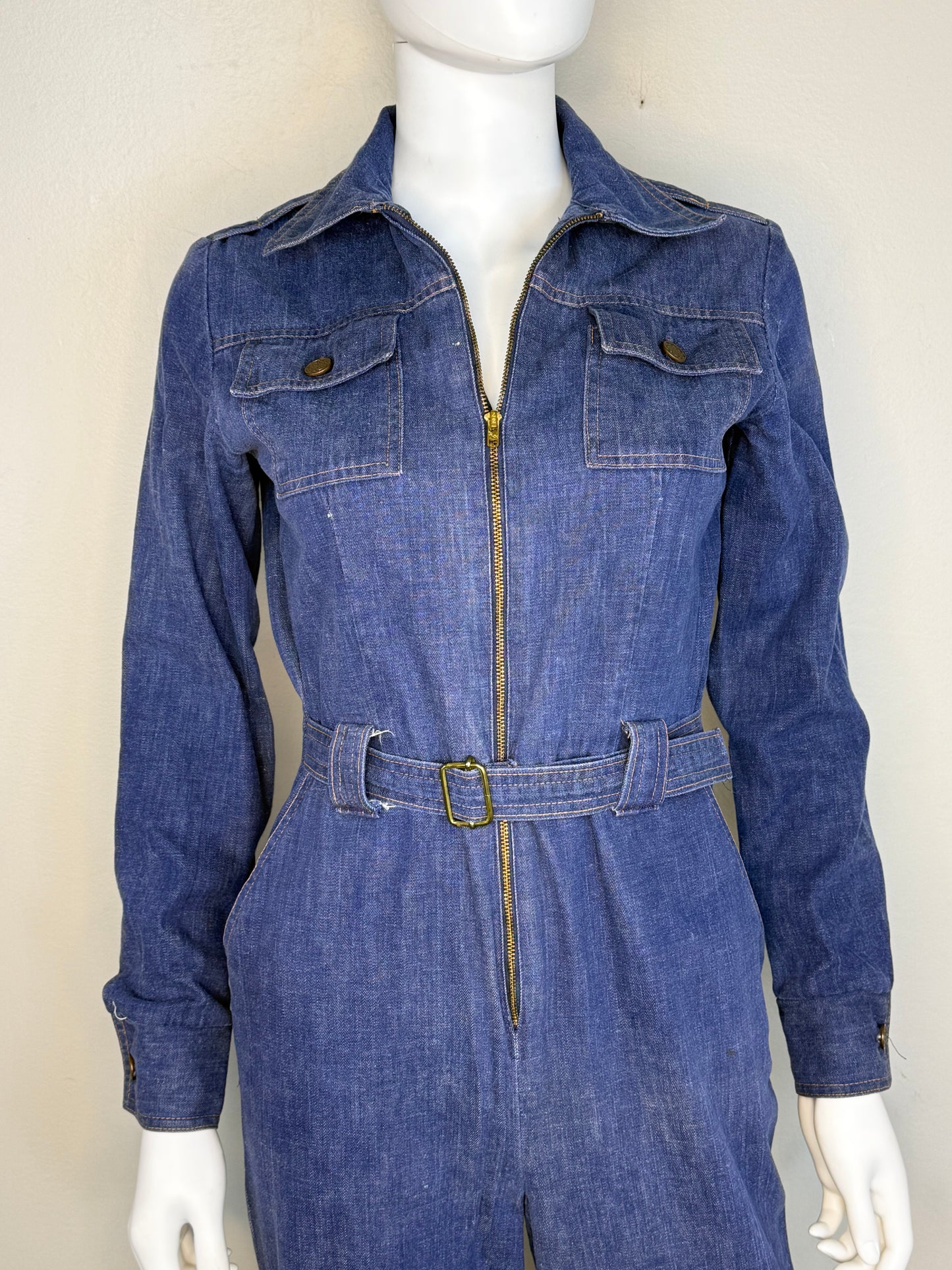 1970s Denim Zip Up Jumpsuit, Long Sleeve, Flare Leg, Sears Jr Bazaar XS/Small Tall