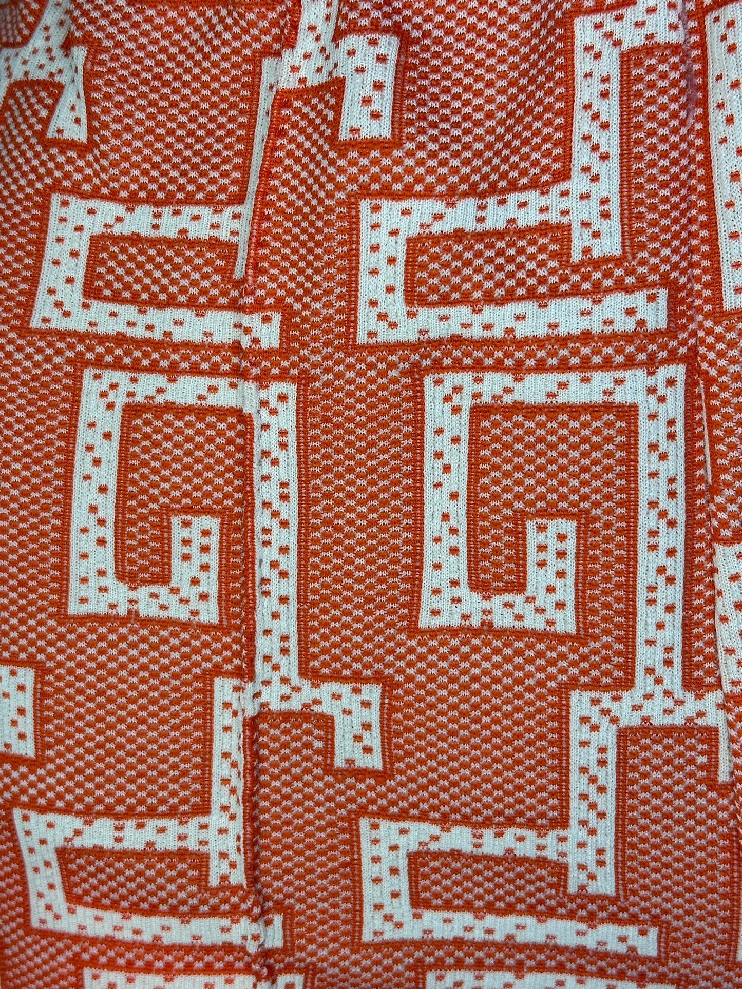 1970s Funky Orange Geometric Design Bellbottom Polyester Pants, Size Small-Medium, Elastic Waist