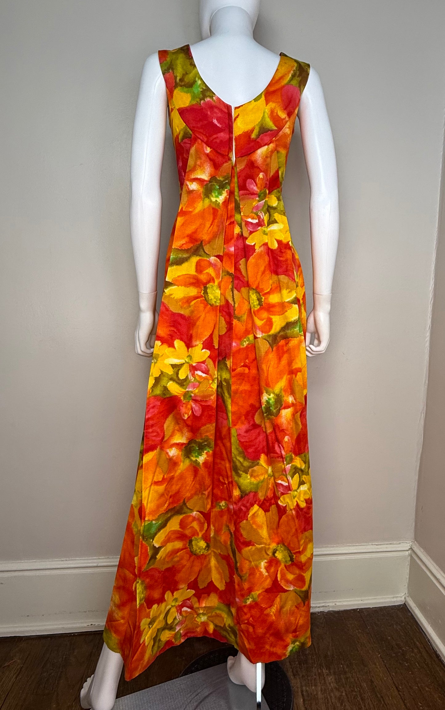 1960s Orange Hawaiian Floral Sleeveless Maxi Dress, Karen Ann Hawaii Size XS/Small, Cotton