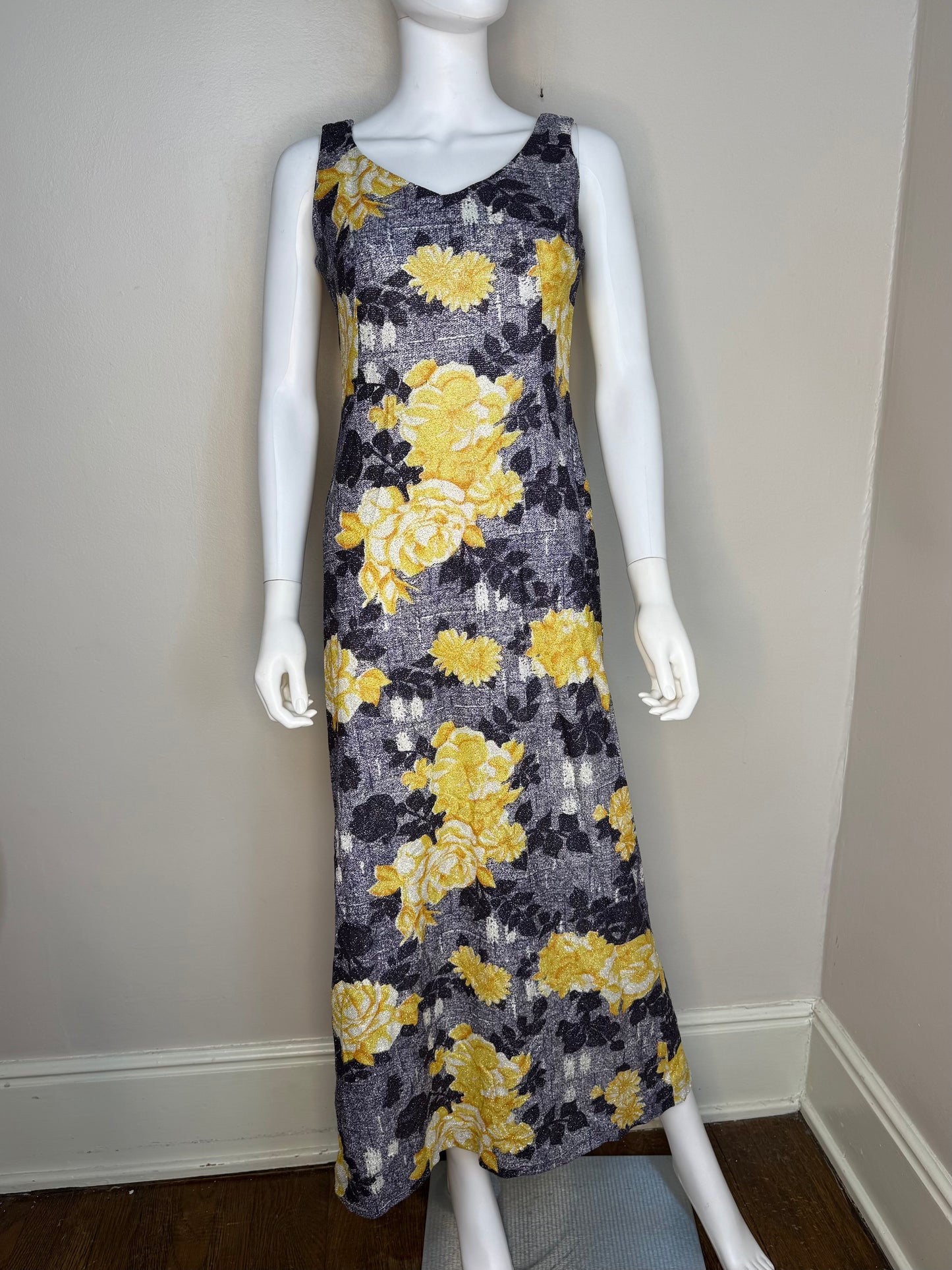 1970s Yellow Rose Print Lurex Maxi Dress, Size Medium