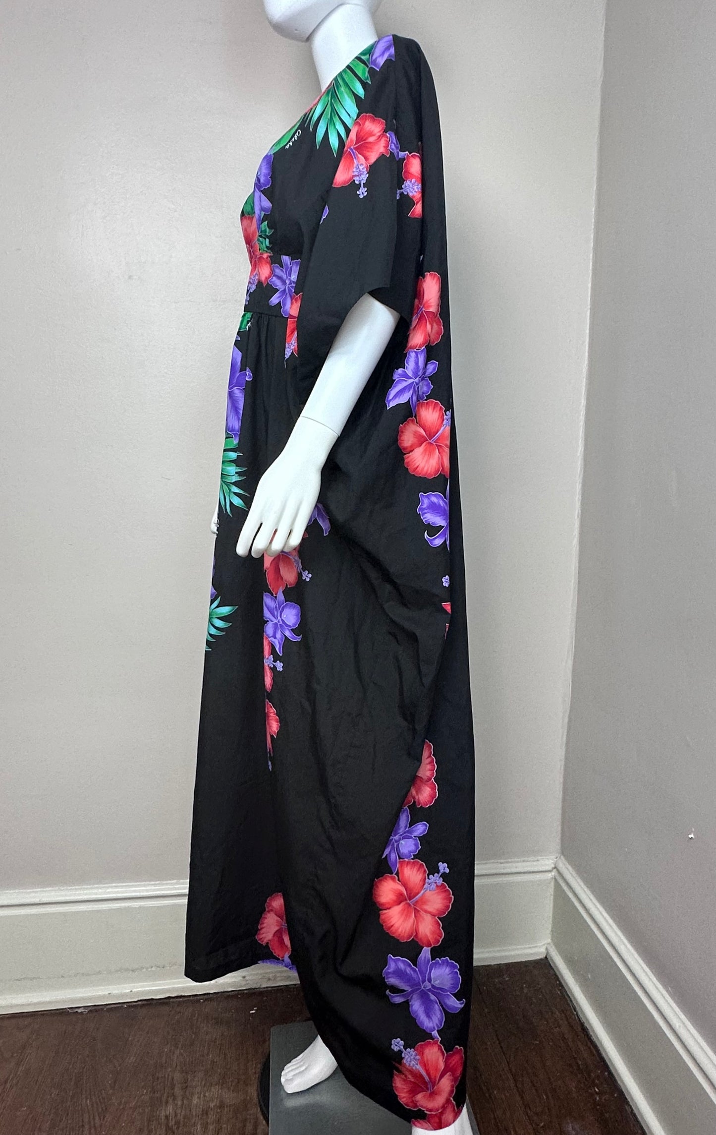 1970s/80s Black Hawaiian Floral Caftan Dress, Helena’s Hawaii, Loungewear, Open Sizing