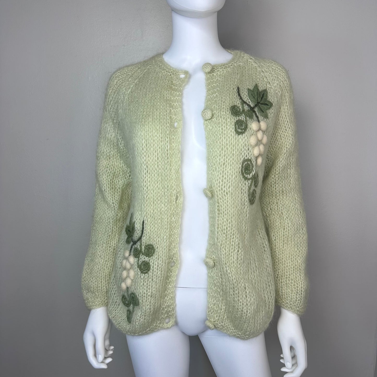 1960s Fuzzy Lime Green Cardigan Sweater with 3D Grapes Embroidery, Size Medium, Lined