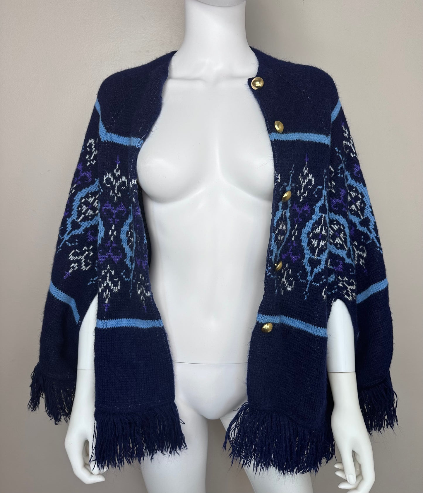 1970s Blue Intarsia Knitted Cape, Sturbridge, Poncho