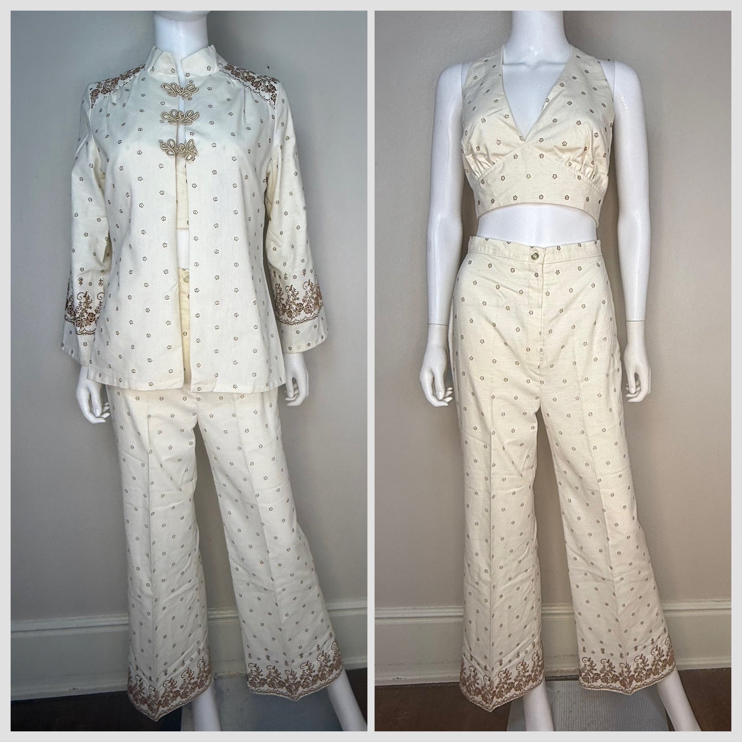 1970s 3 Piece Pant Suit, Cream and Brown Flocked Floral Border Print, Halter Top, Slacks, Asian Inspired Shirt Jacket, JC Penney Fashions Size XS/Small