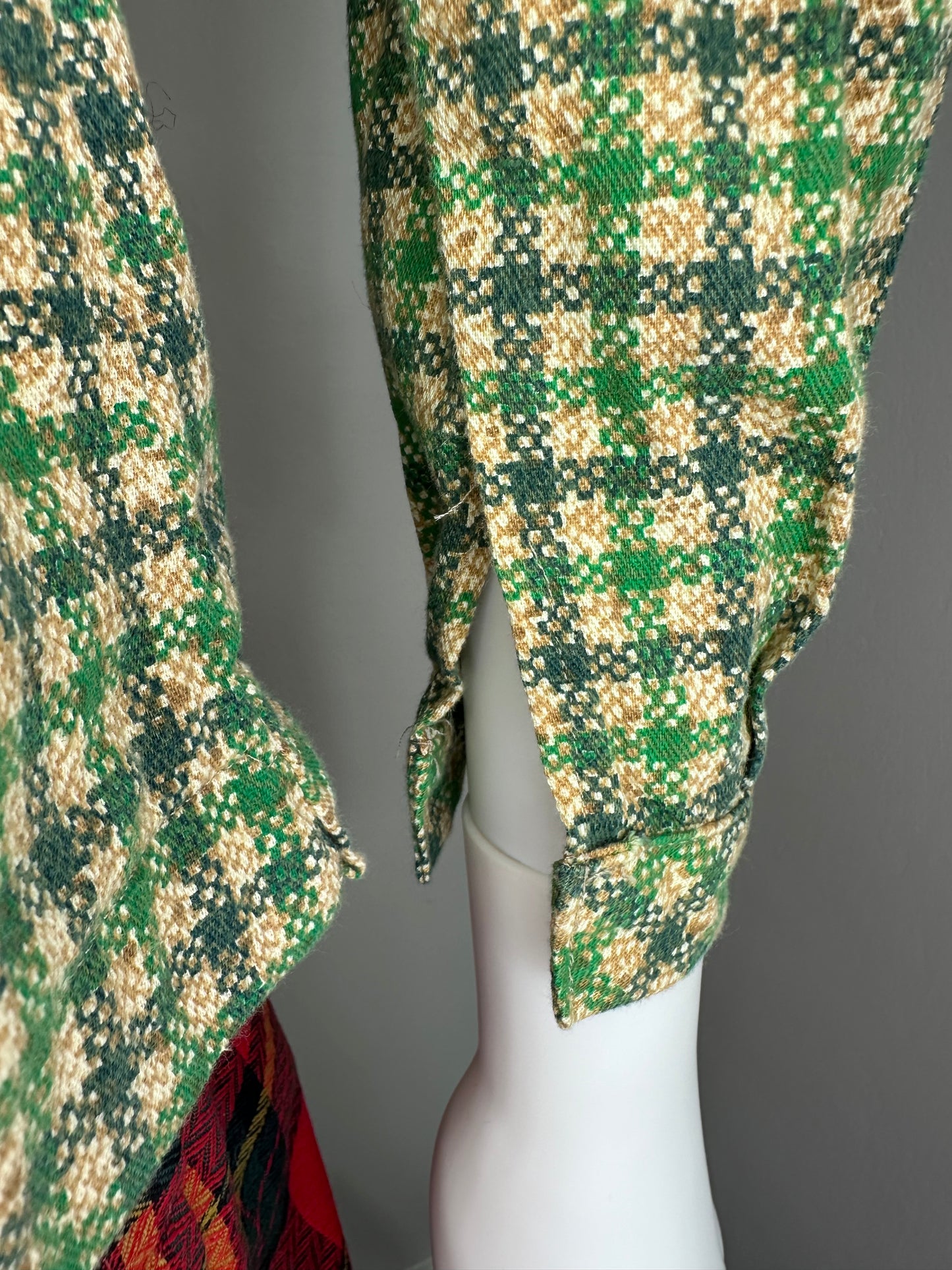 1950s/60s Green Printed Plaid Blouse, Handmade Size Medium