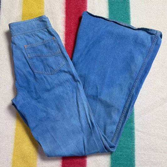 1970s Double Zipper Bellbottom Jeans,  Outer Limits, 27.5"x34.5", Sailor Style Pants