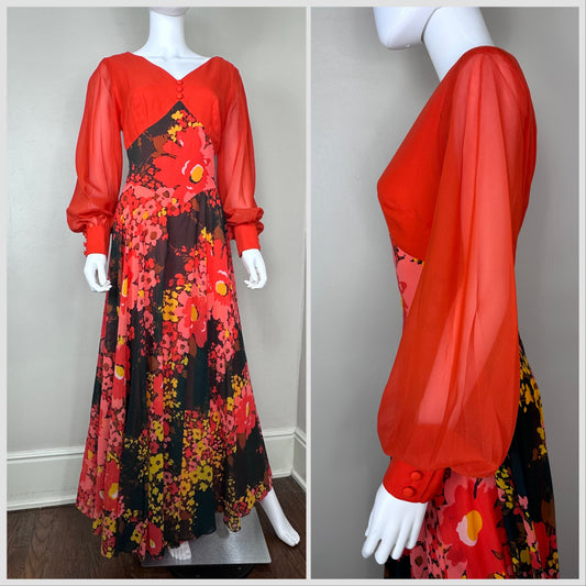 1960s/70s Floral Maxi Dress with Sheer Balloon Sleeves and Full Sweep, Miss Ming Singapore Size Medium