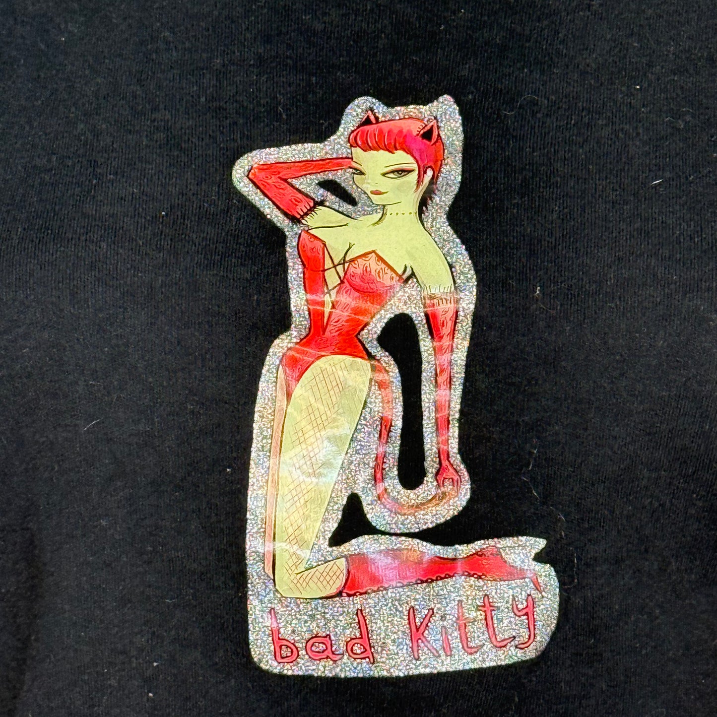 1990s/Y2K Bad Kitty Devil Girl Long Sleeve T-Shirt, Miss Anne Thrope by Archaic Smile Size S/M, Glitter