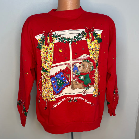 1990s Christmas Sweatshirt, Holiday Time Size M/L, Wishes Can Come True, Teddy Bear