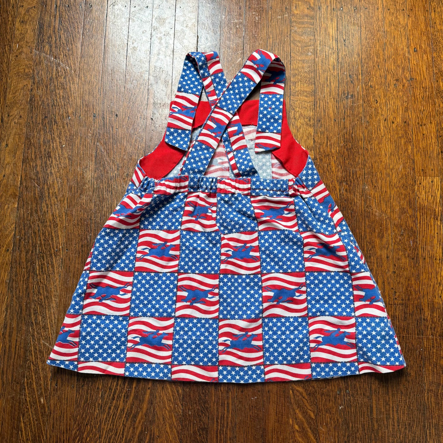 1970s USA Bicentennial Print Girl’s Jumper, Overall Dress, Handmade Size 3T