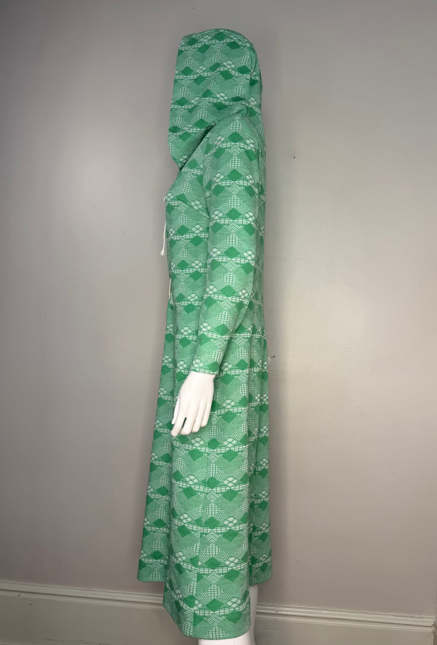 1970s Hooded Lace Up Dress, Size Medium, Green Geometric Polyester Double Knit