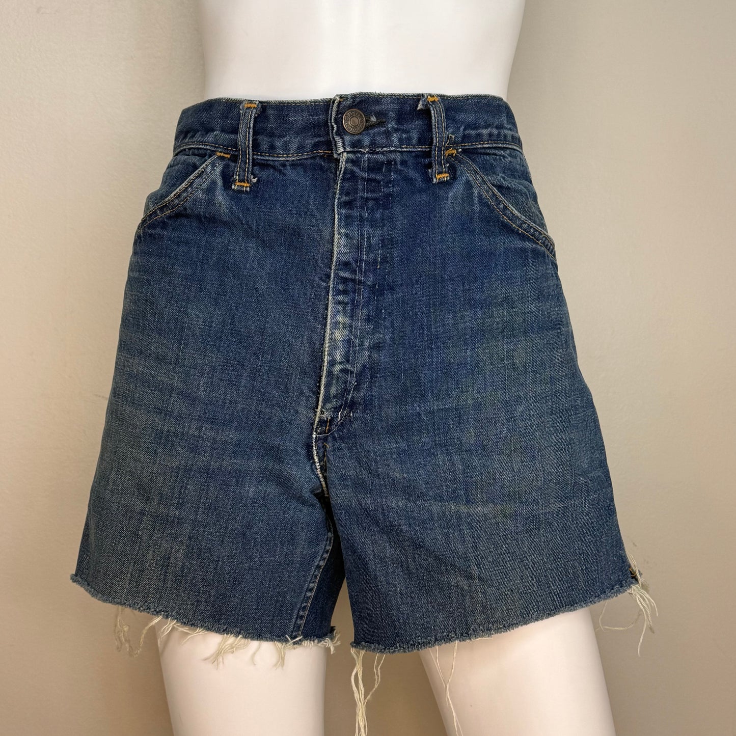1960s/70s Levi’s Cut Off Denim Shorts, Hand Embroidered Flowers on Pockets, 33" Waist