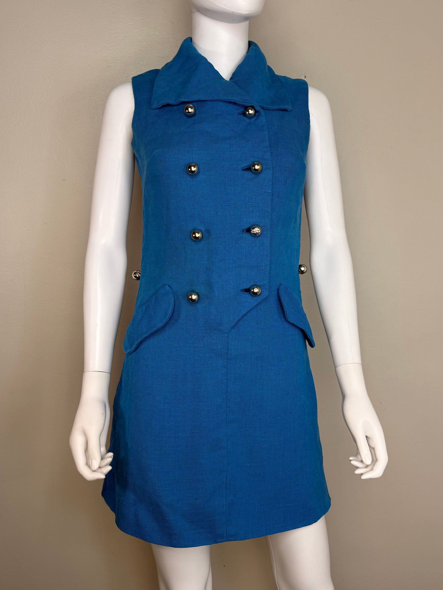 1960s Blue Mod Sleeveless Mini Dress with Silver Buttons and Chain Belt, Size XS