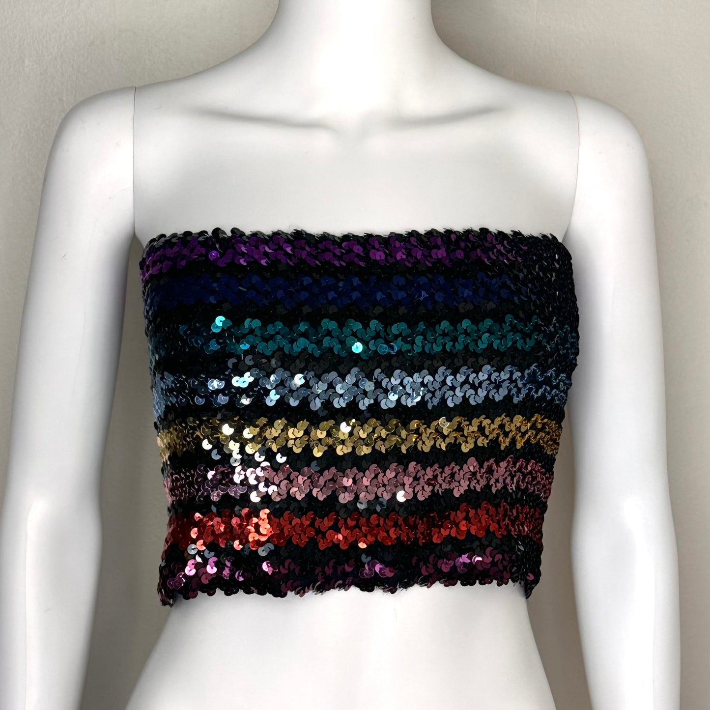 1970s Disco Rainbow Stripe Sequin Tube Top, Toppettes by A Brod Size Small-Medium