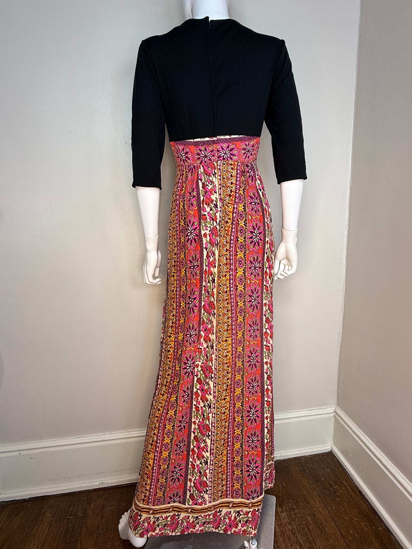1970s Psychedelic Floral Stripe Maxi Dress, Border Print, Size Small