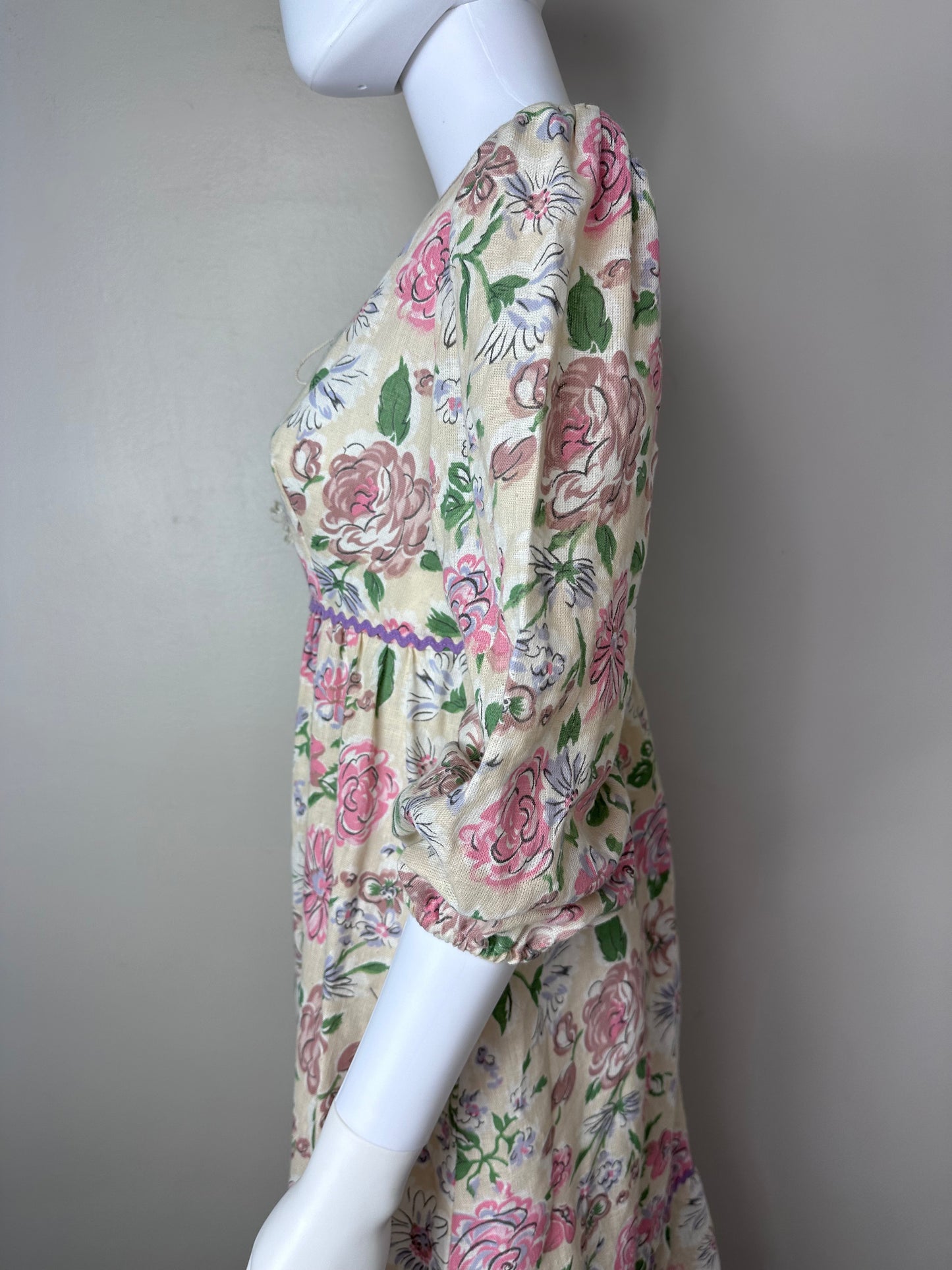 1970s Cream and Pink Floral Midi Dress, Size Small, Prairie Peasant