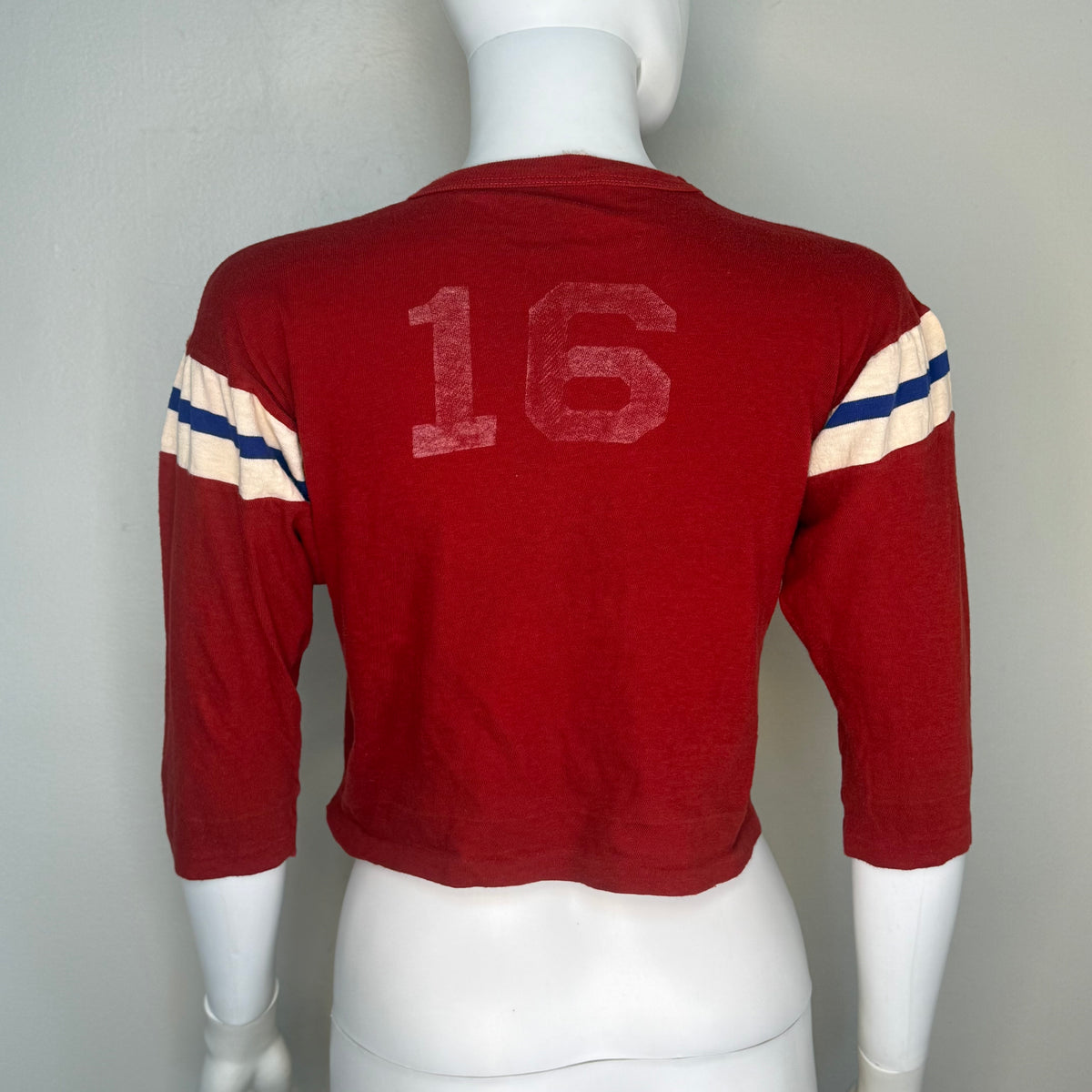 1960s Cropped Cotton Jersey T-Shirt, Size Medium, Red with Stripes on 3/4 Sleeves, No 16