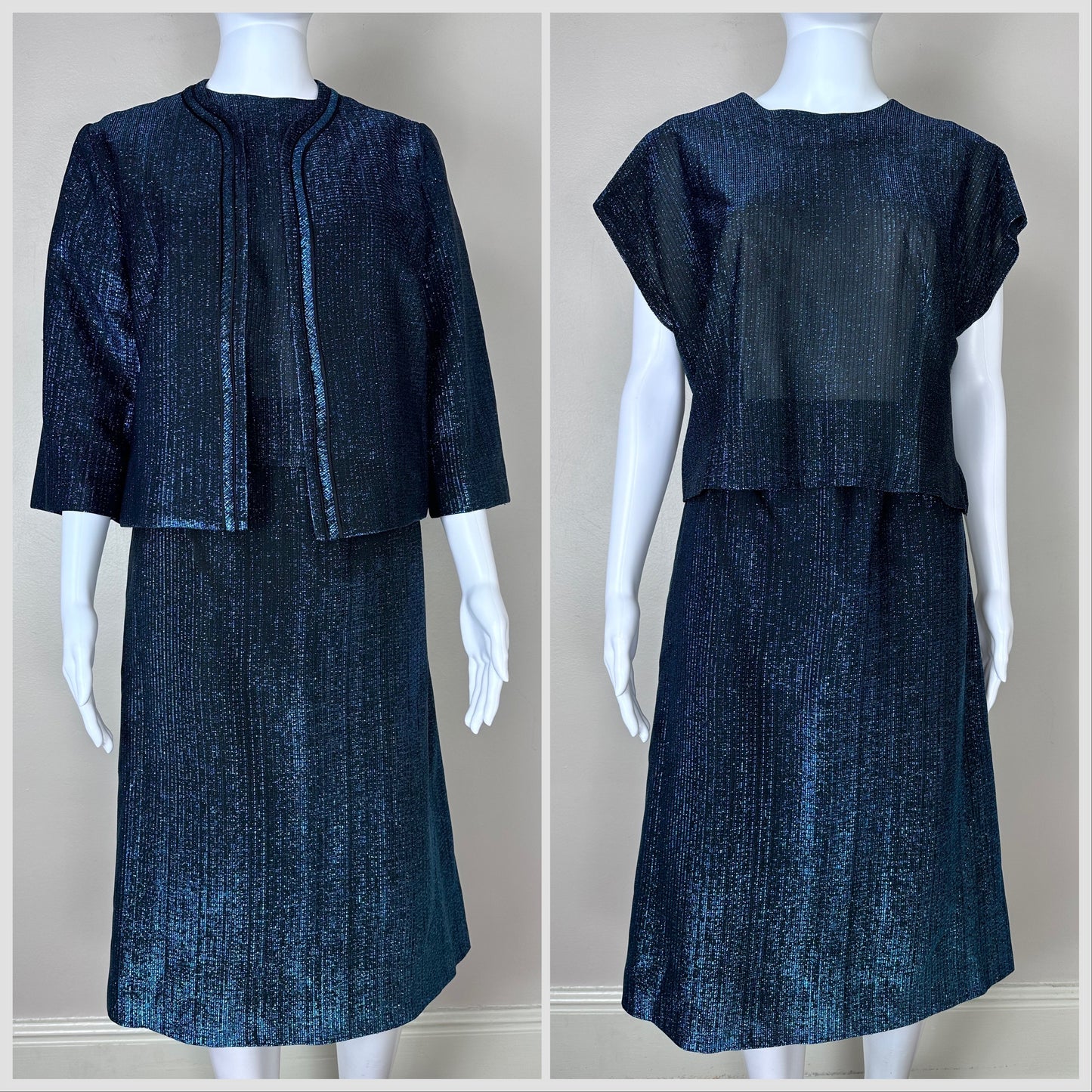 1960s Blue Lurex Suit, Size Medium-Large, 3 Piece Set, Top, Skirt, Jacket