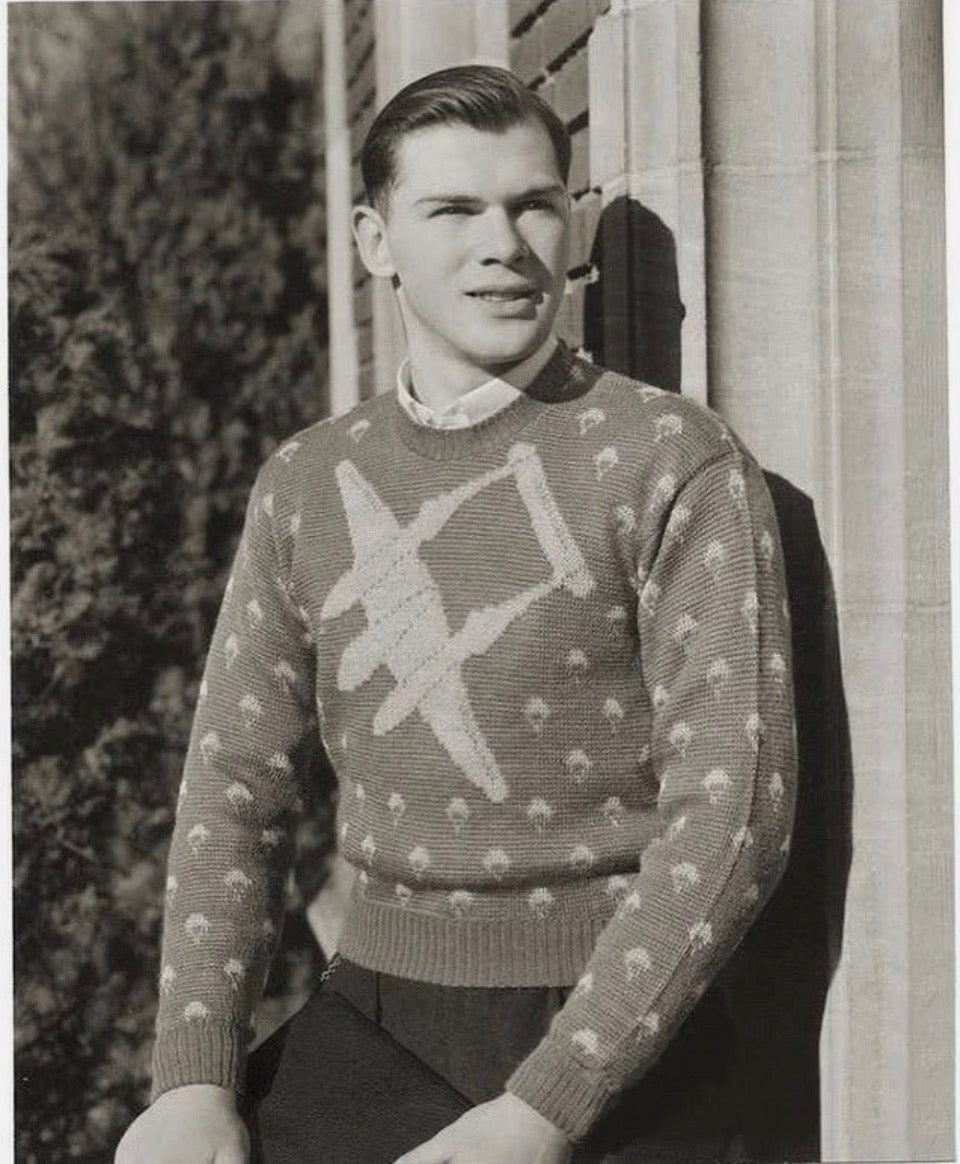 1940s Jantzen P-38 Sweater, Blue, Size 40, WW2 Fighter Jet Plane Novelty Knit