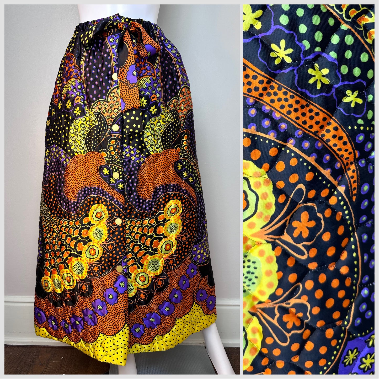 1970s Psychedelic Print Quilted Maxi Skirt, Penney’s Loungewear Size Small-Large