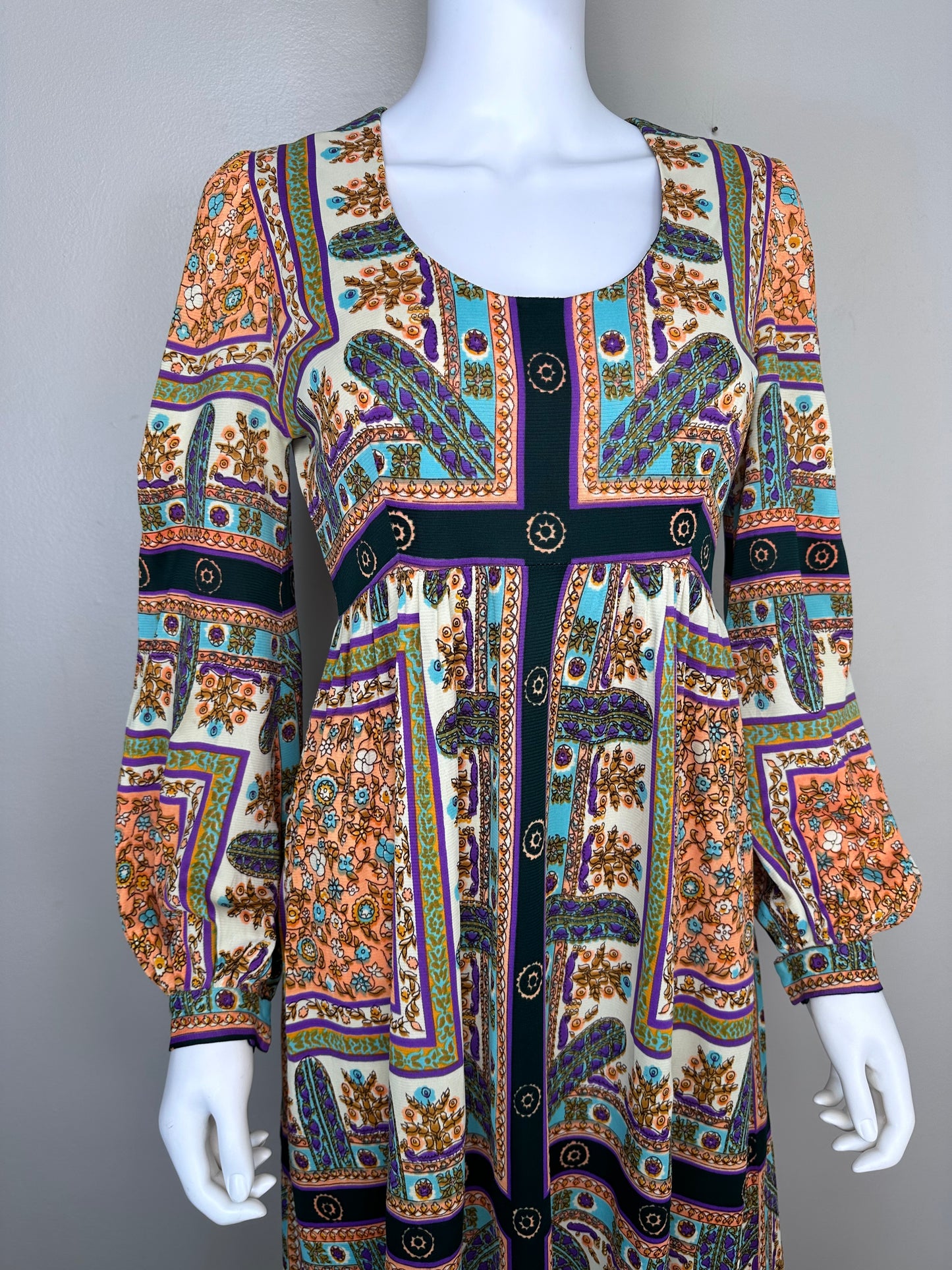 1970s Scarf Print Long Sleeve Maxi Dress, Size Medium, Empire Waist