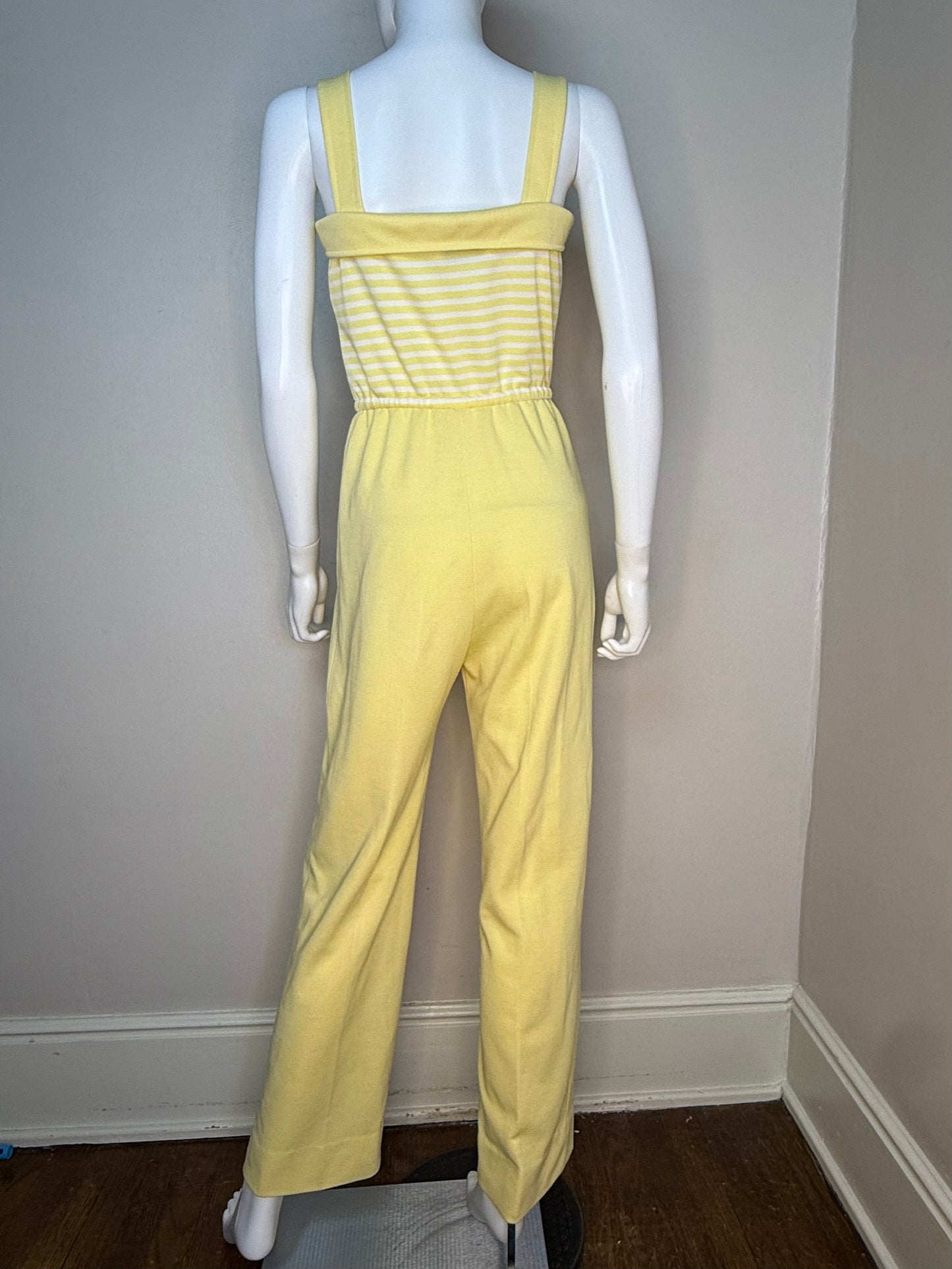 1970s Yellow Stripe Polyester Double Knit Jumpsuit, Melissa Lane Size XS/Small