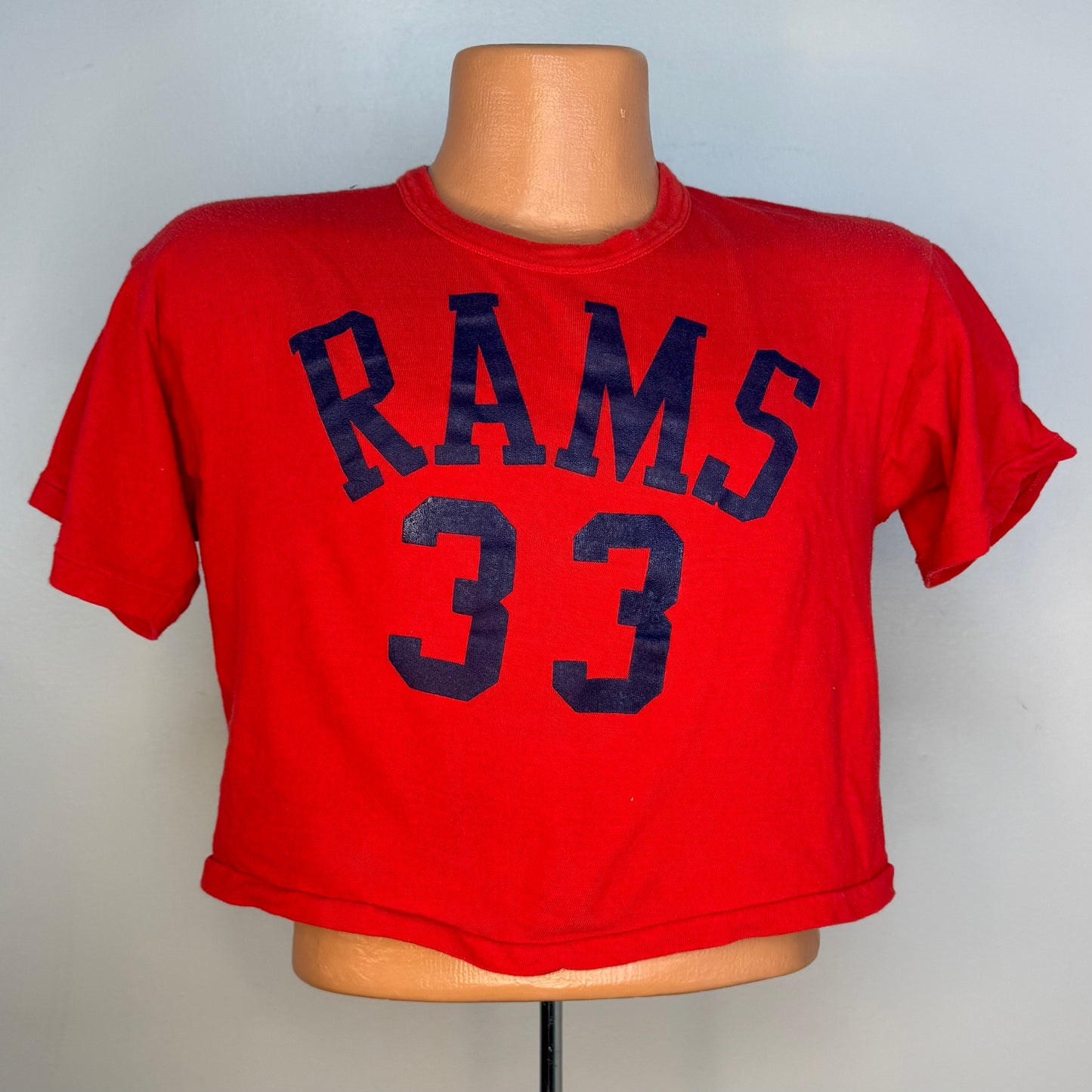 1970s Rams Football Red Cropped T-Shirt, Russell Athletic Size M/L, Number 33