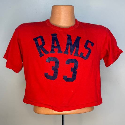 1970s Rams Football Red Cropped T-Shirt, Russell Athletic Size M/L, Number 33