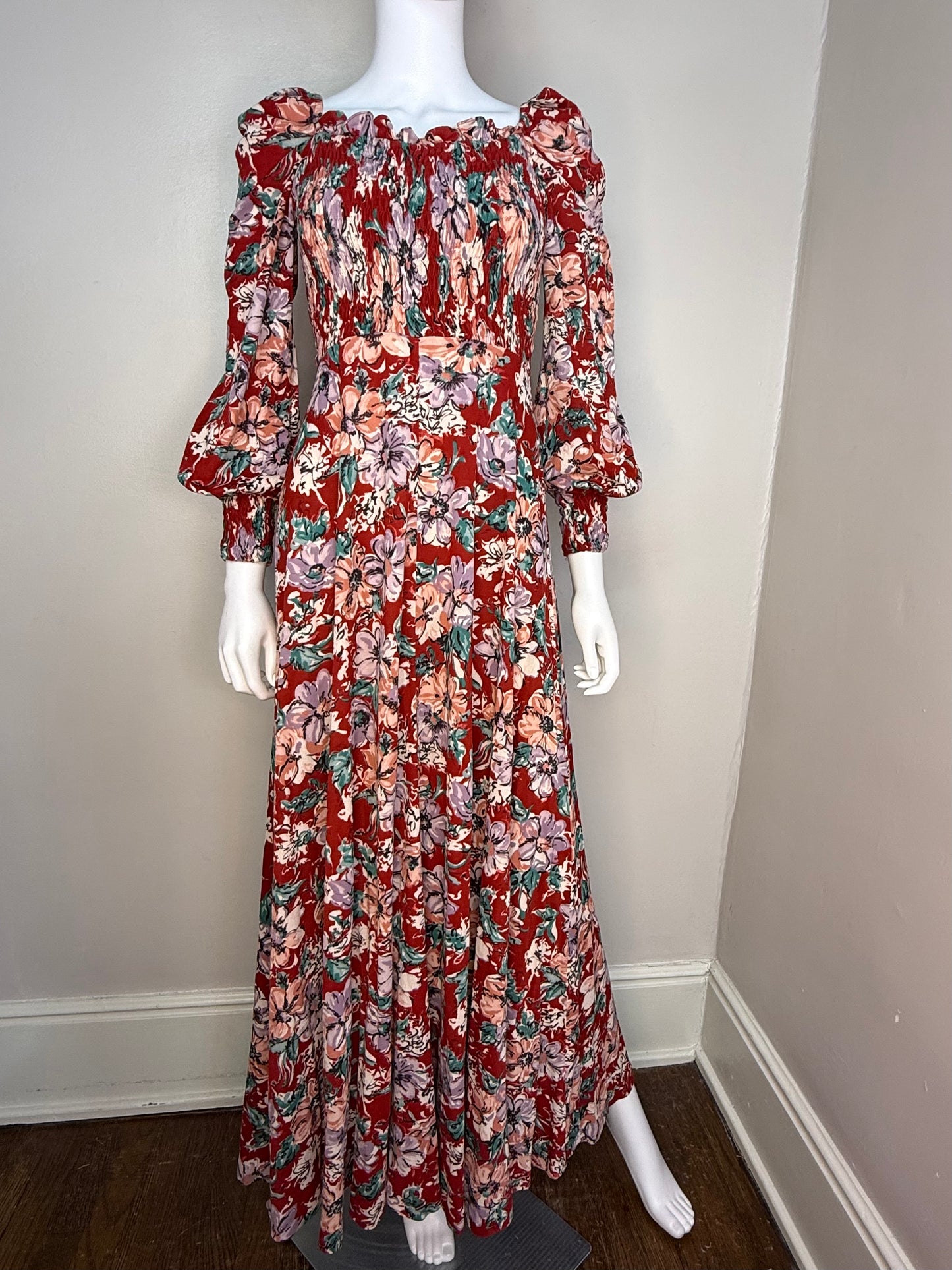 1970s Red Floral Maxi Dress, Jody T Size XS, Long Sleeve, Smocked Bodice, Full Skirt