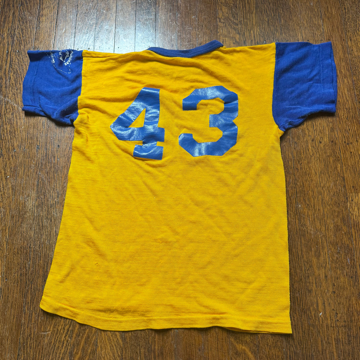 1960s/70s Kids’ Yellow and Blue Durene Jersey T-Shirt Youth Medium, No 43, Distressed