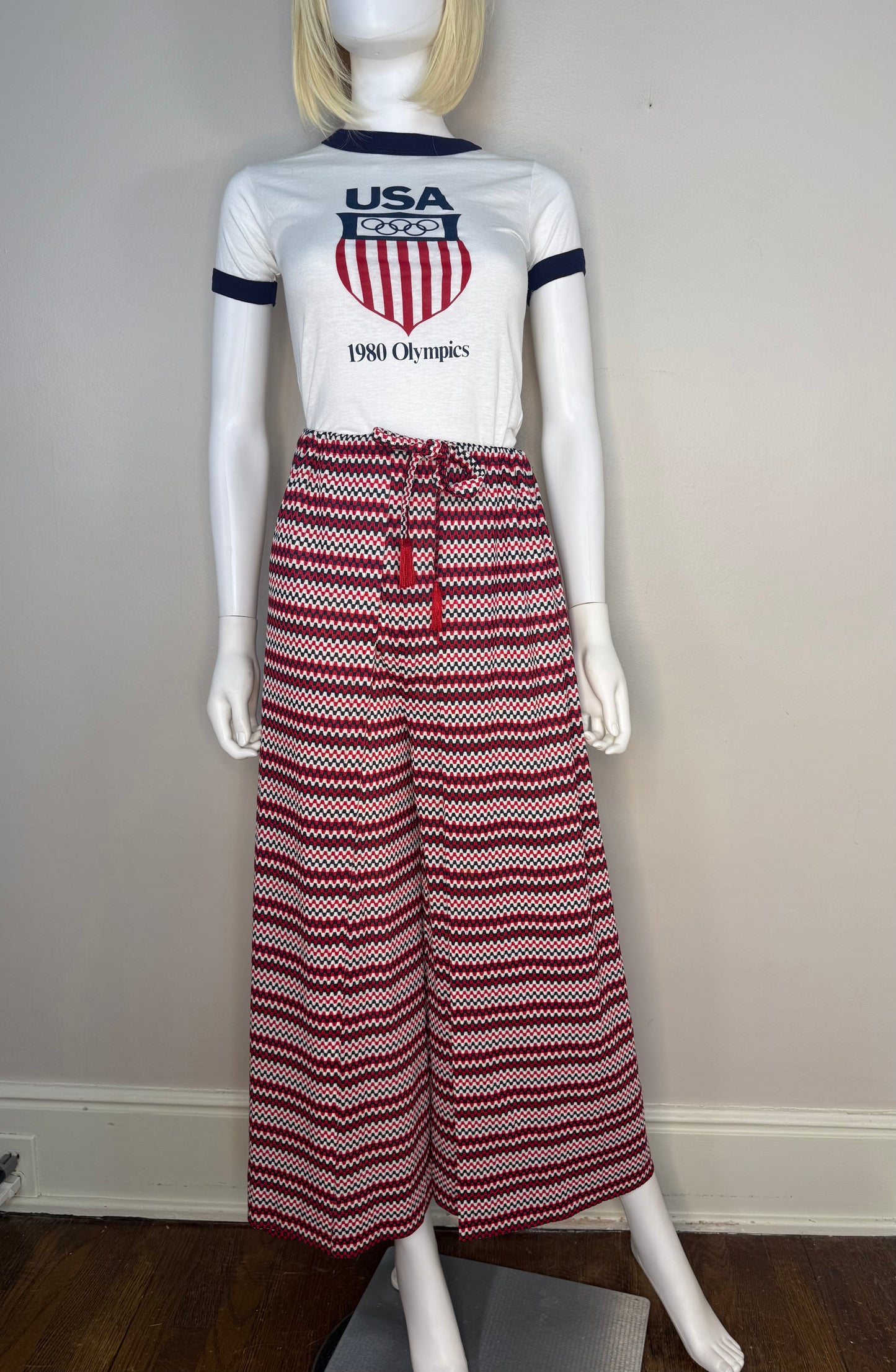 1970s Zig Zag Stripe Wrap Around Palazzo Pants, Handmade Size XS-Medium, Red White and Navy Blue