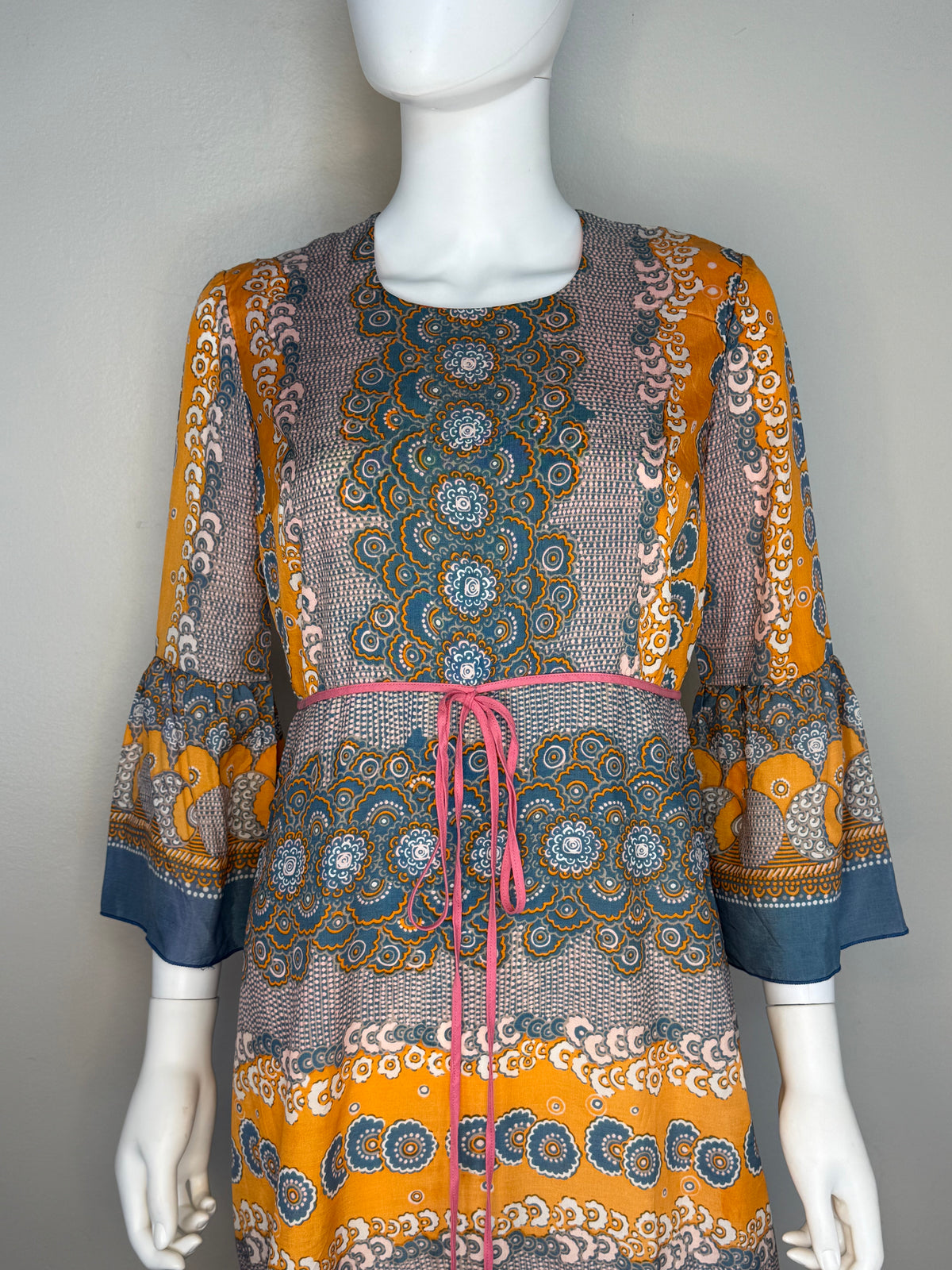 1960s Medallion Stripe Boho Maxi Dress with Bell Sleeves, Tava Model Denmark Size Small