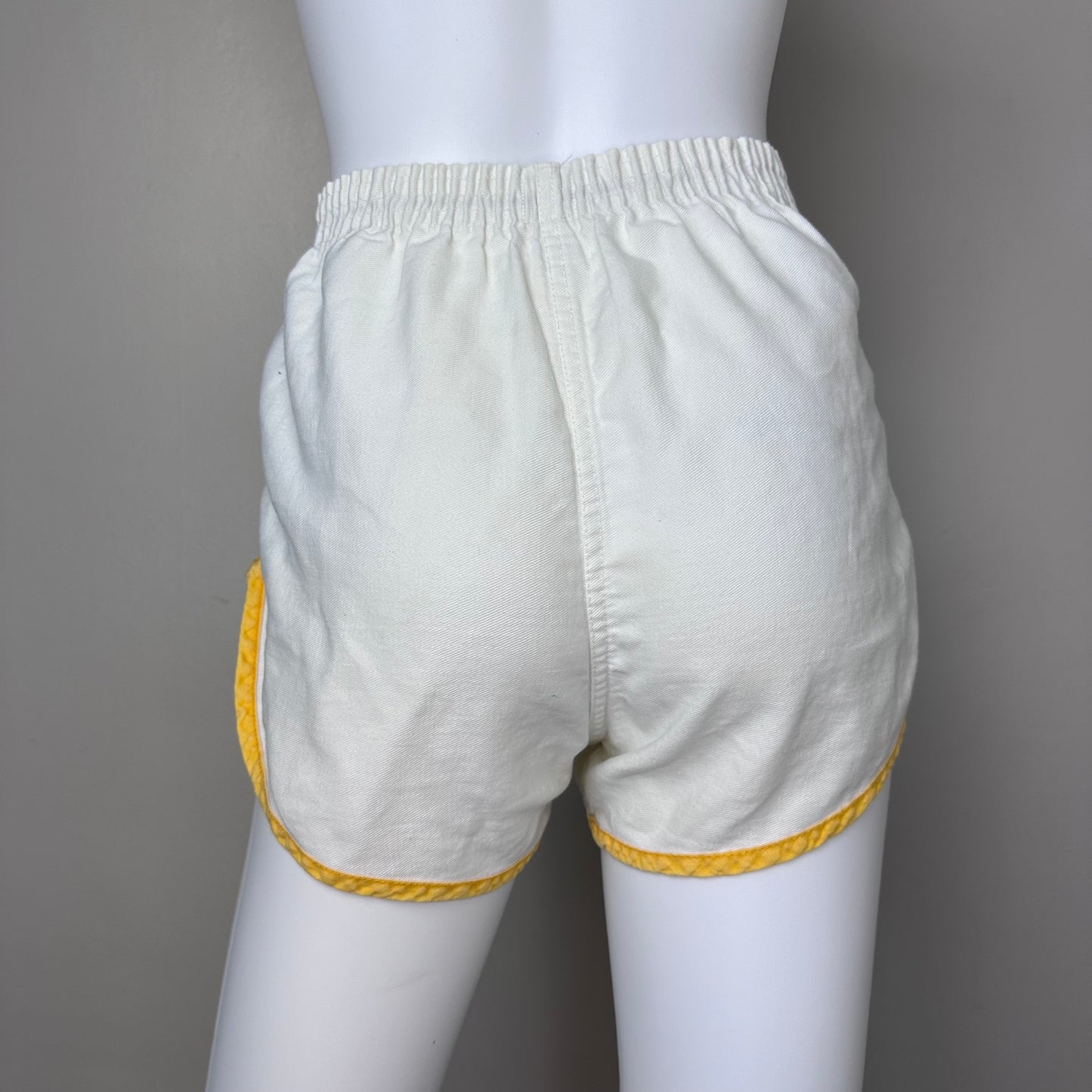 1980s White and Yellow Gym Shorts, Hutchison School, Size X-Small