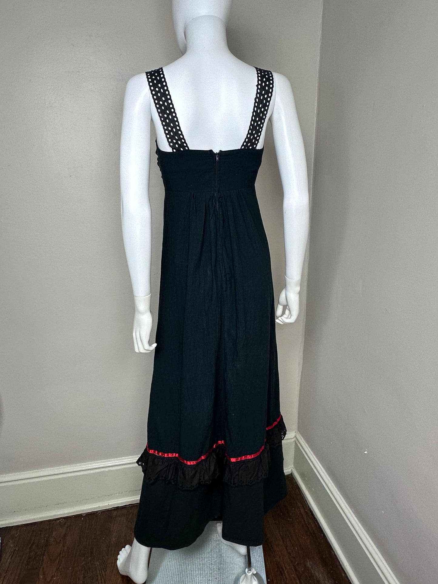 1970s Black Cotton Maxi Dress, Young Edwardian by Arpeja Size XXS, Cut Out