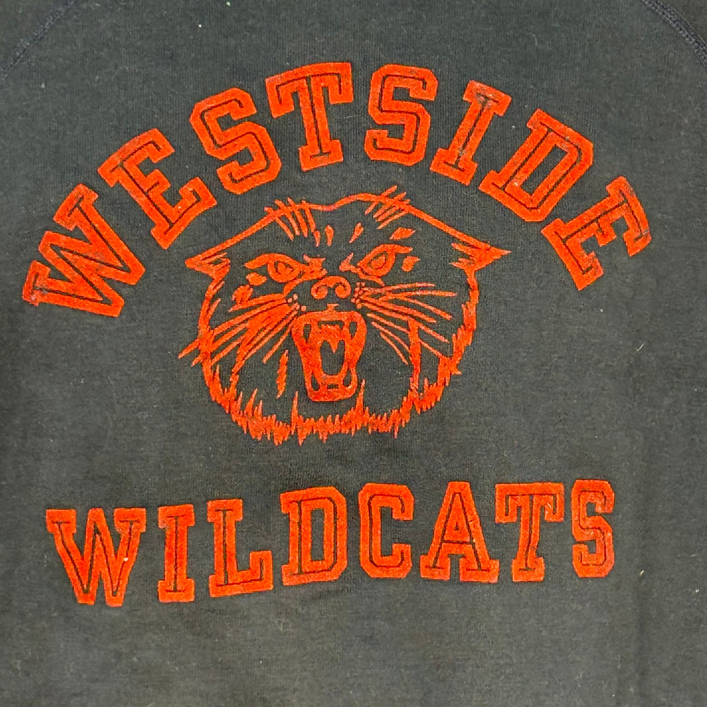 1950s Westside Wildcats Sweatshirt, Navy Blue with Red Flocked Cat, Champion Knitwear Size Medium-Large, Running Man