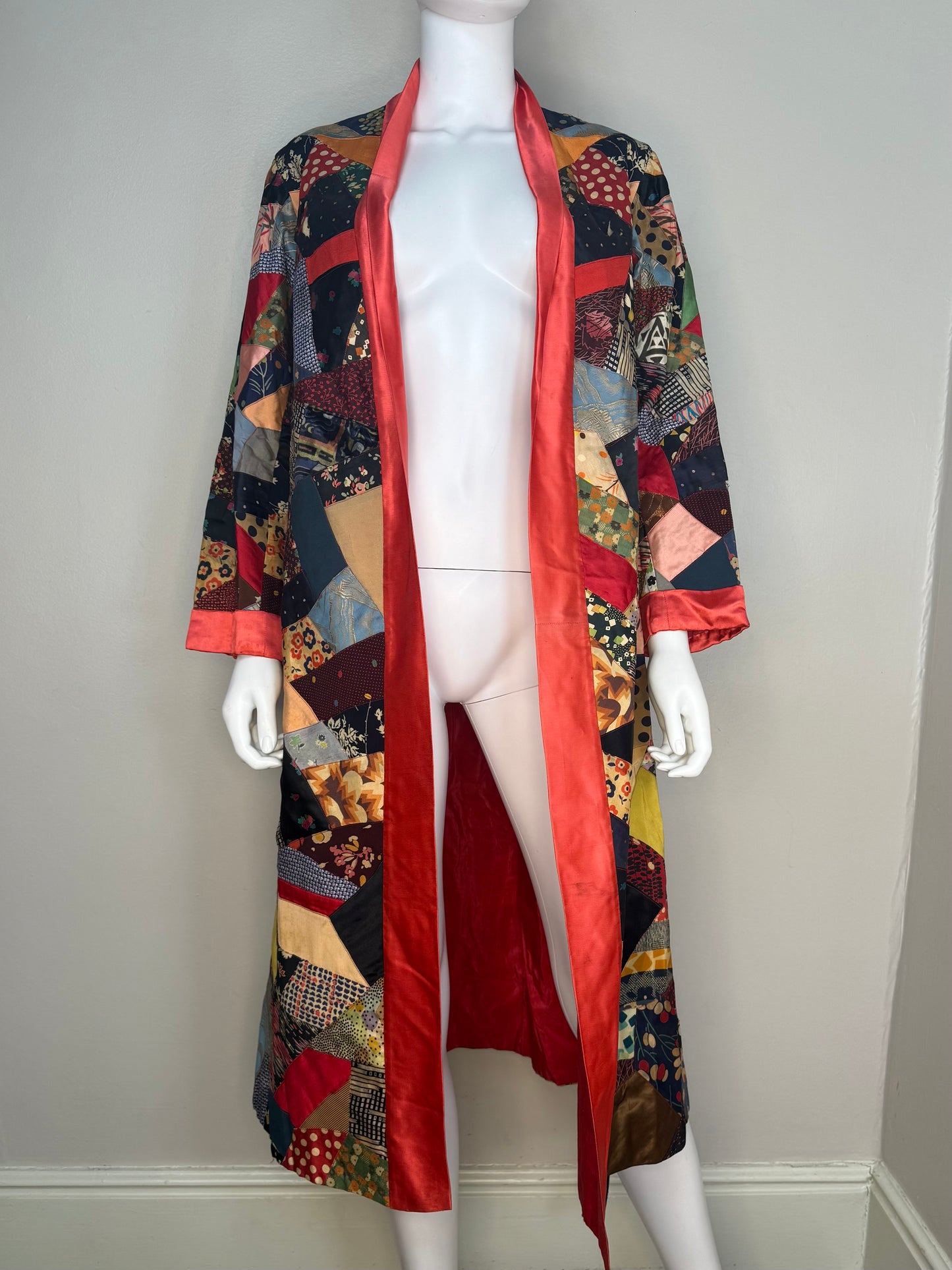1920s/30s Patchwork Crazy Quilt Robe, Handmade Size XS-Small, Belt with Fringe Trim