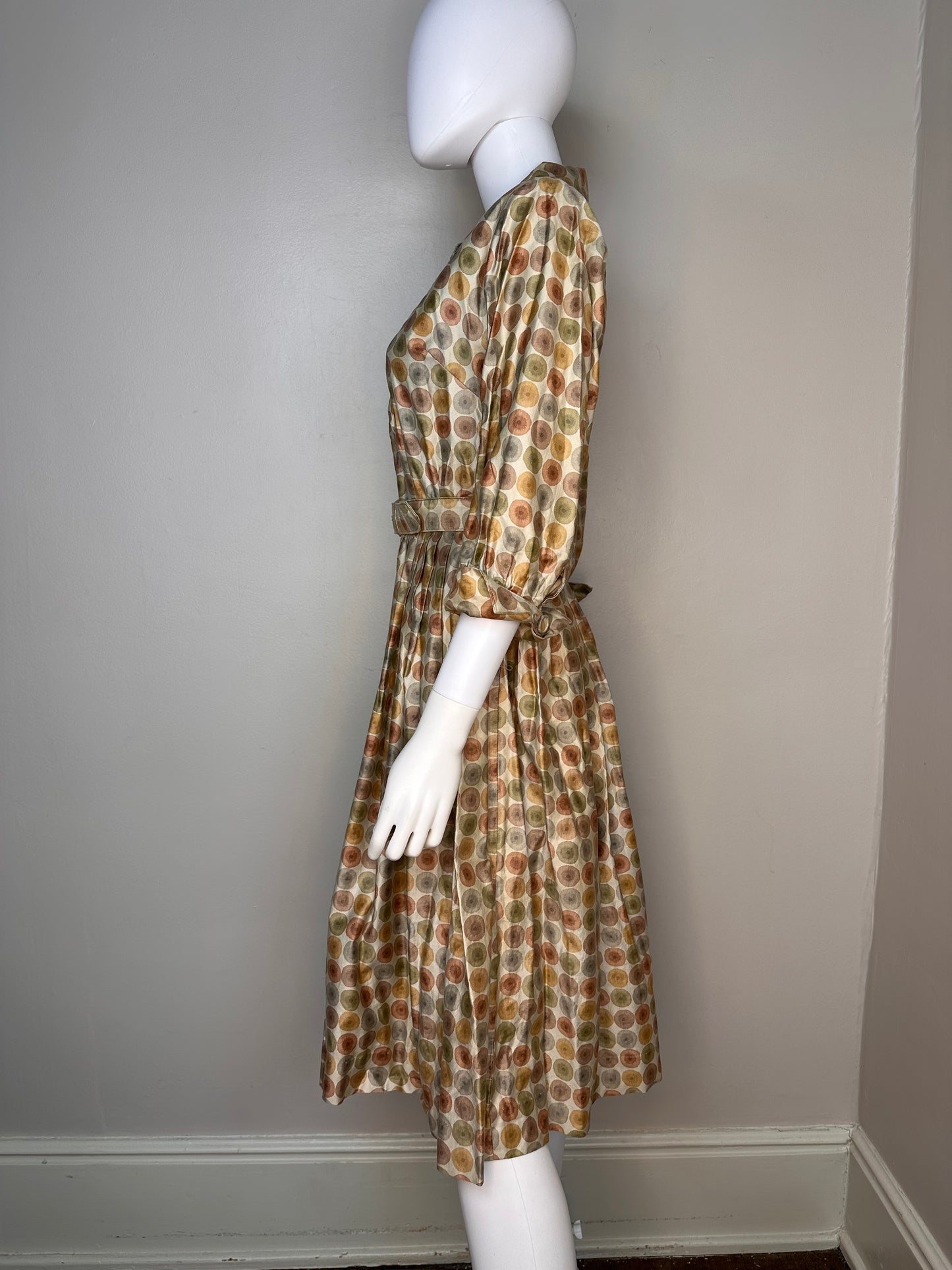 1950s/60s Mocha Polka Dot Shirtwaist Dress with Full Skirt, Wendy Woods Size XS