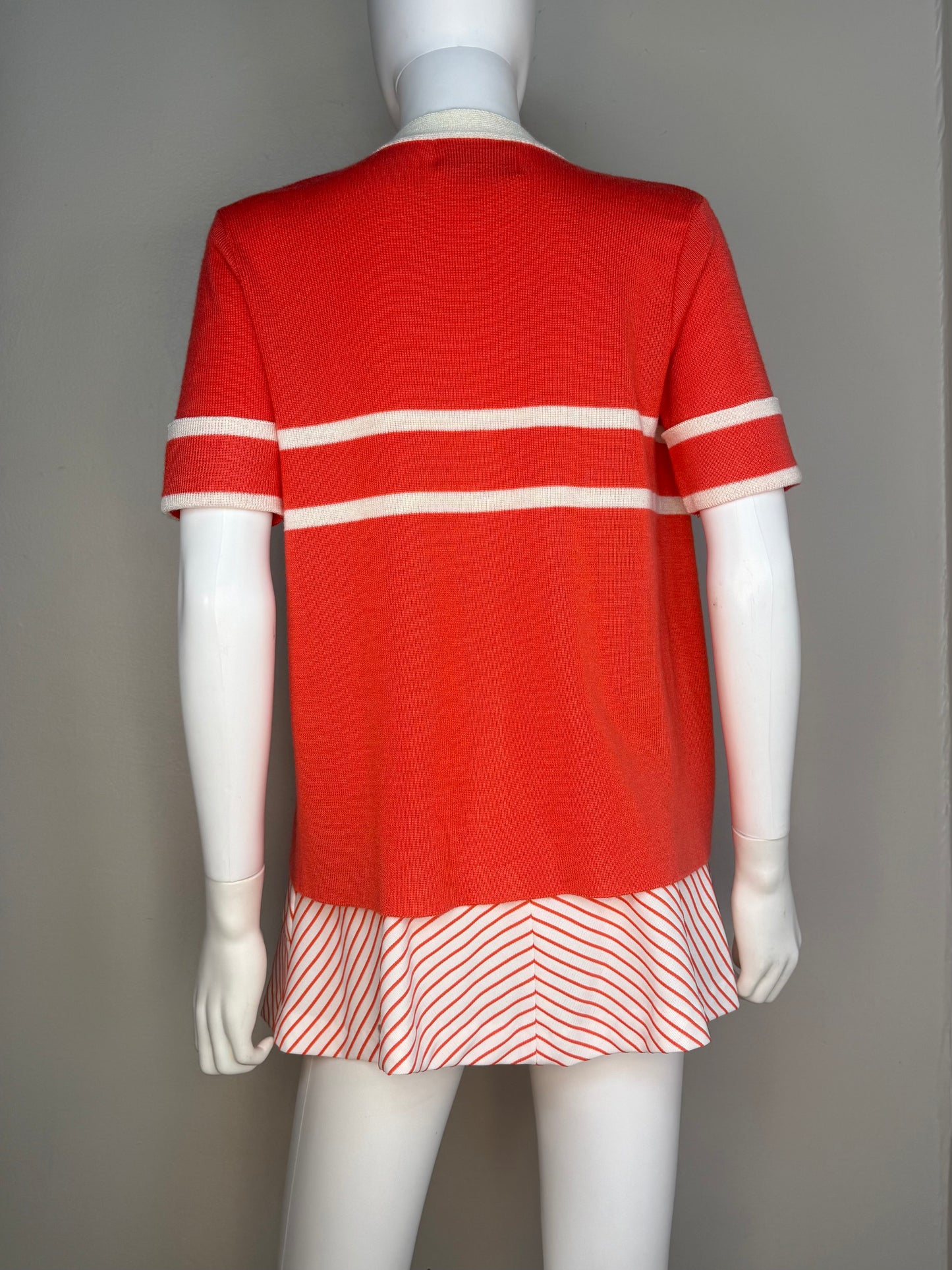 1970s Coral Tennis Skirt and Sweater Set, Stripe Mini Skirt and Short Sleeve Cardigan, Carol Canaan for Top Seed Size Small, Forty Love Tennis Shoppe