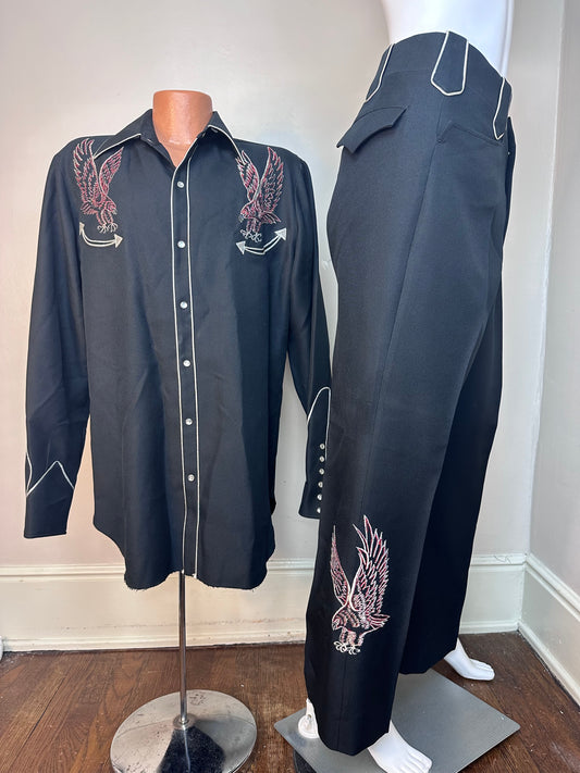 1970s Black Western Shirt and Pants Set, Eagle Embroidery, H Bar C Size XL/XXL 37.5x32.5, Cowboy Suit