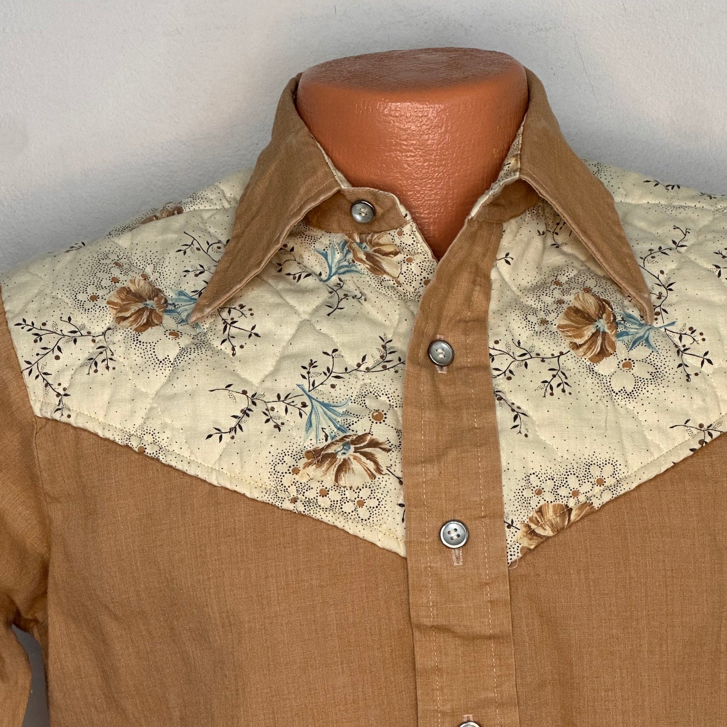 1970s Mocha Brown Western Shirt with Quilted Floral Contrasting Yoke, The Bruxton Husky Teen Size 16Shirt