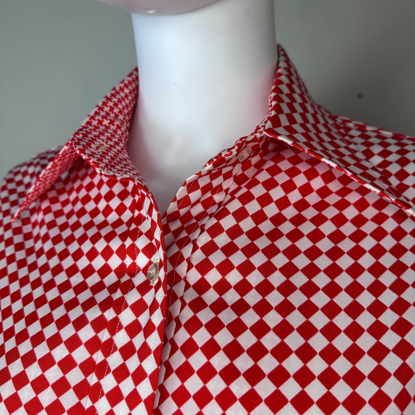 1970s Red and White Check Blouse with Turtle Cufflinks, Adelaar Man Tailored Shirt with French Cuffs size Medium