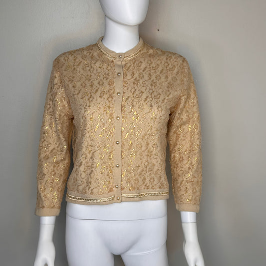 1960s Gold Lurex Metallic Lace Cardigan Sweater, Park Storyk Size Small